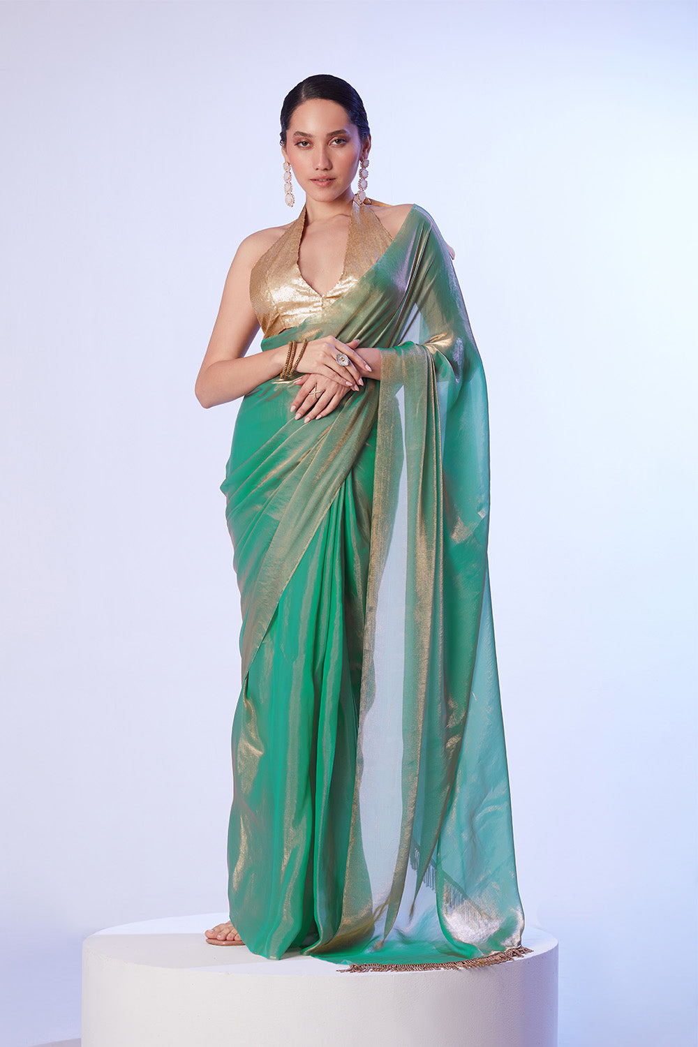 Sea Green Ready To Wear Saree With And Blouse