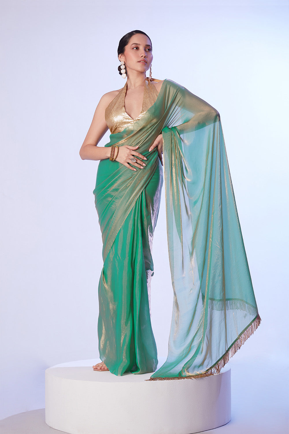 Sea Green Ready To Wear Saree With And Blouse