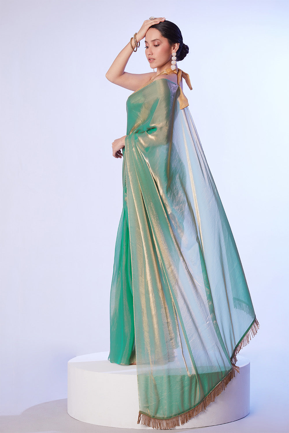 Sea Green Ready To Wear Saree With And Blouse