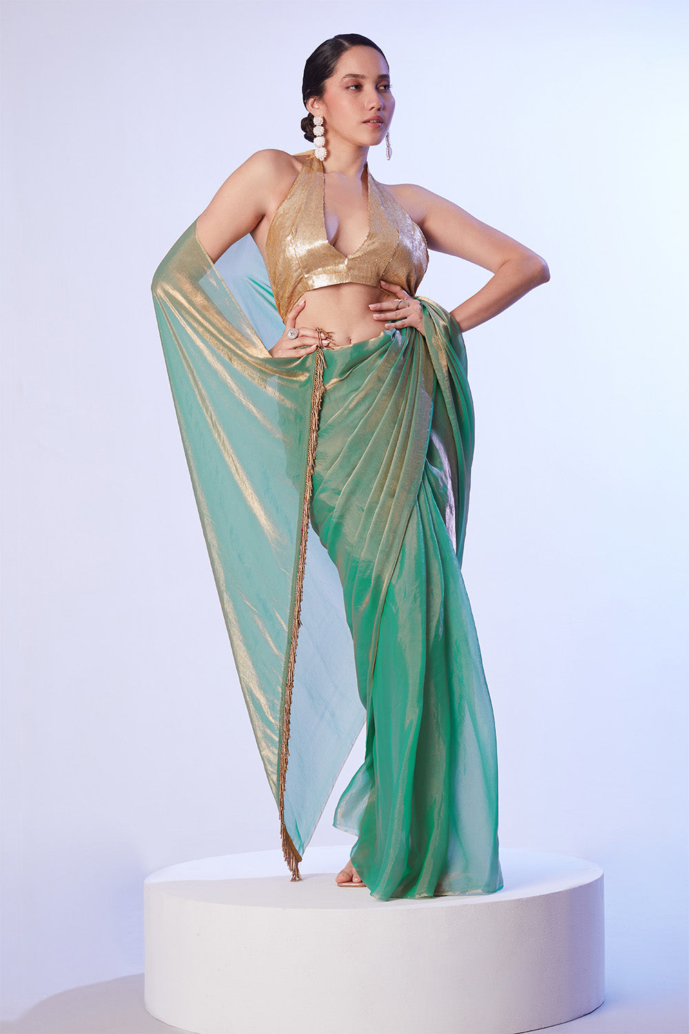 Sea Green Ready To Wear Saree With And Blouse