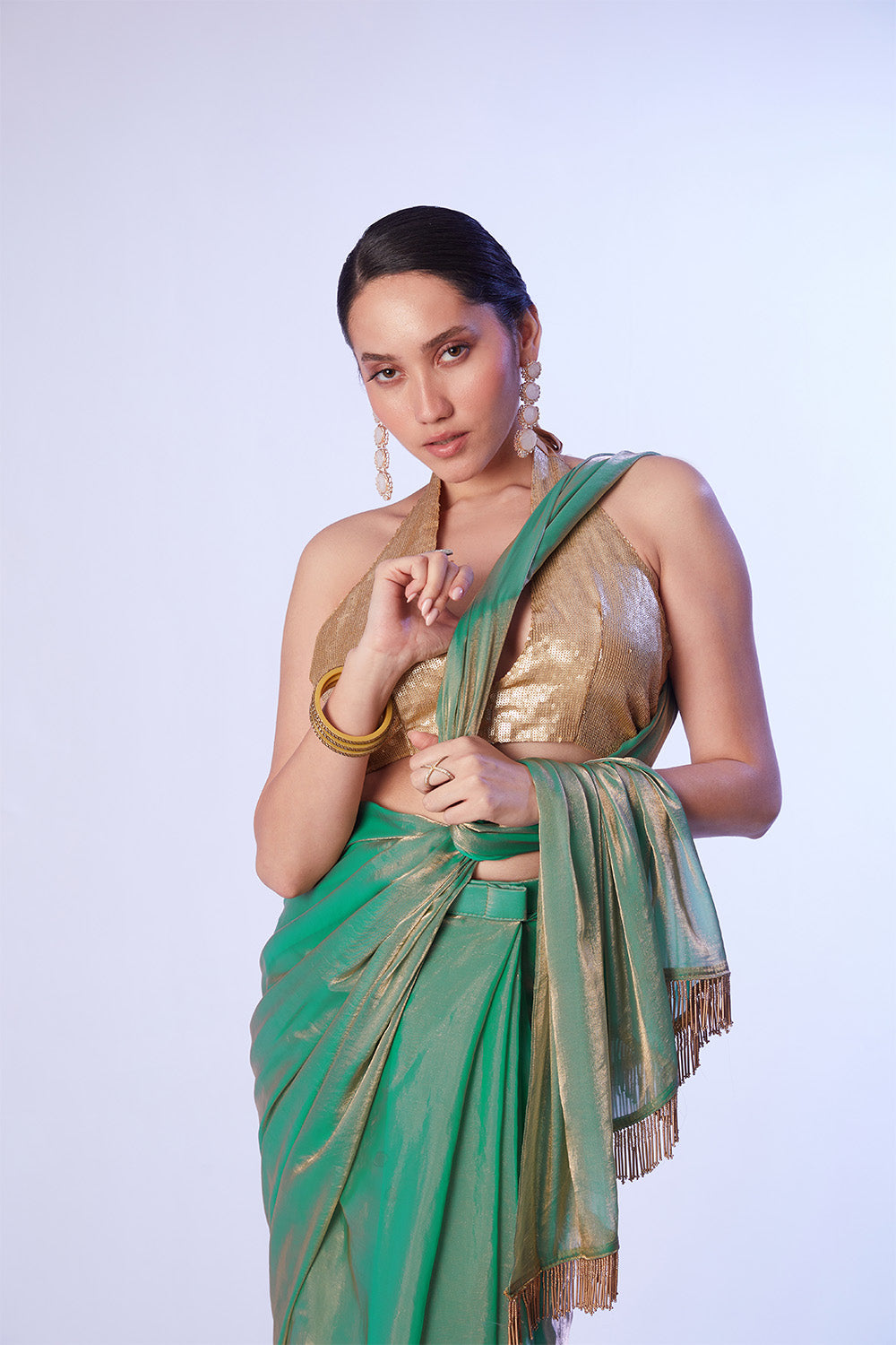 Sea Green Ready To Wear Saree With And Blouse