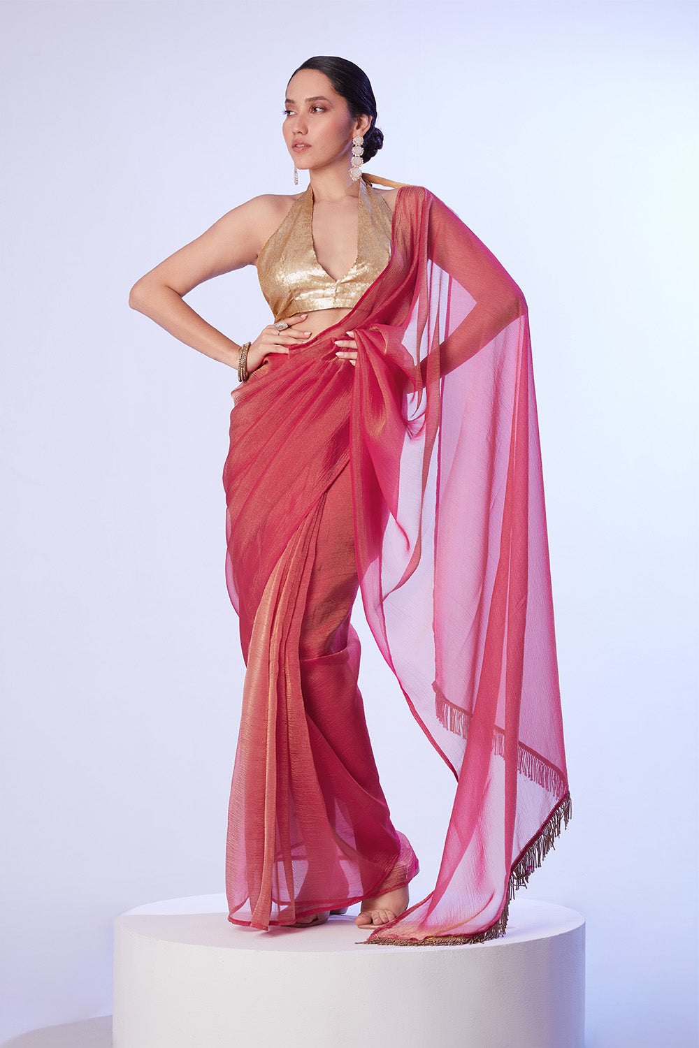 Red Ready To Wear Organza Saree With Blouse