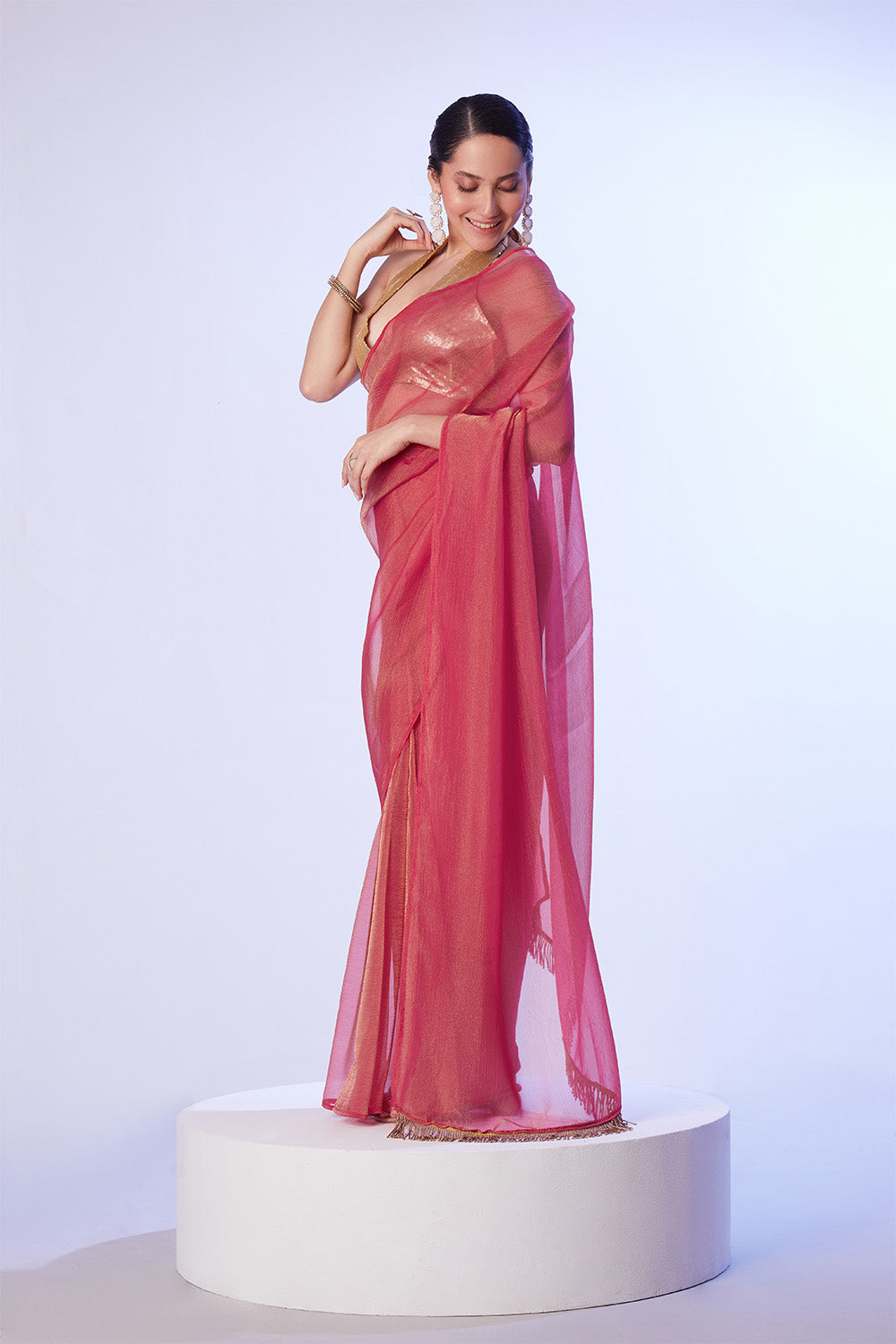 Red Ready To Wear Organza Saree With Blouse