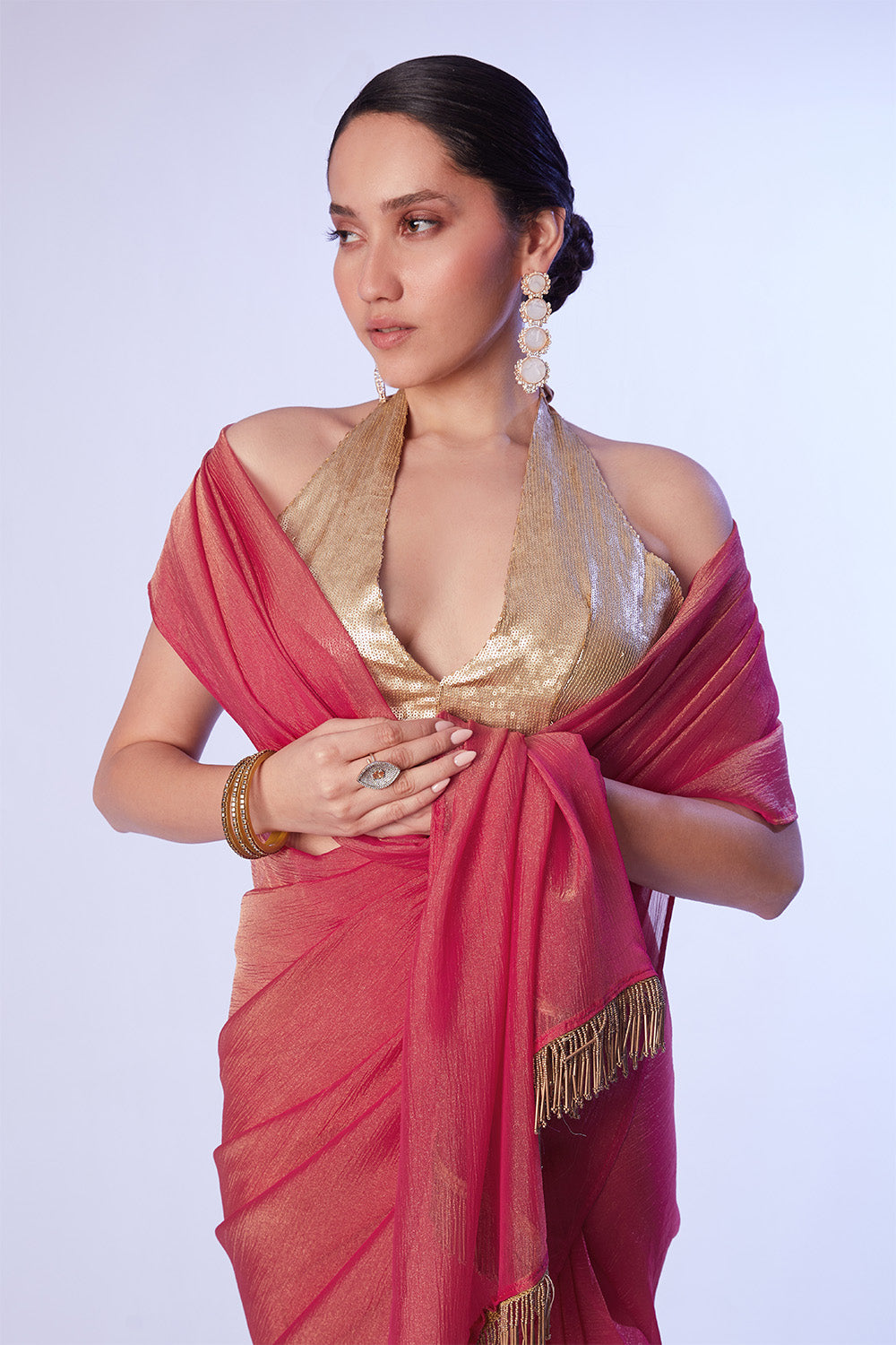 Red Ready To Wear Organza Saree With Blouse
