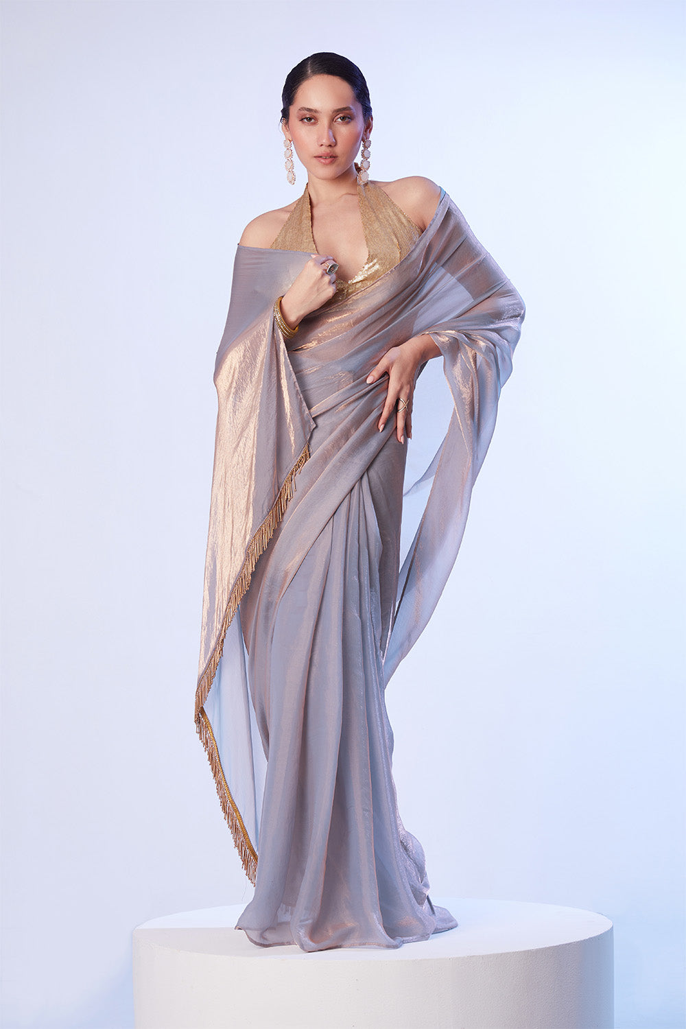 Grey Ready To Wear Organza Saree With Blouse