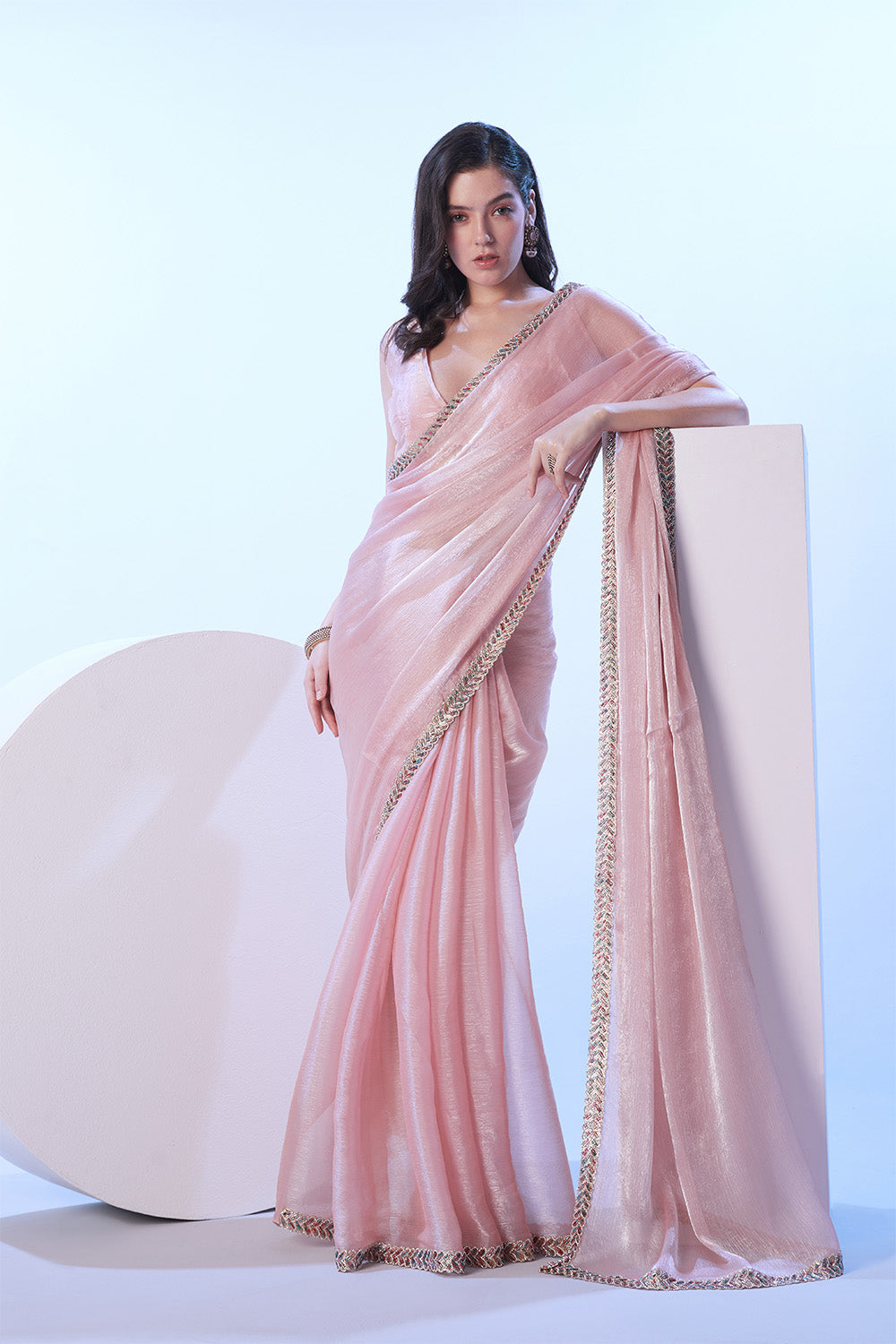 Peach Burberry Saree With Lace And Blouse