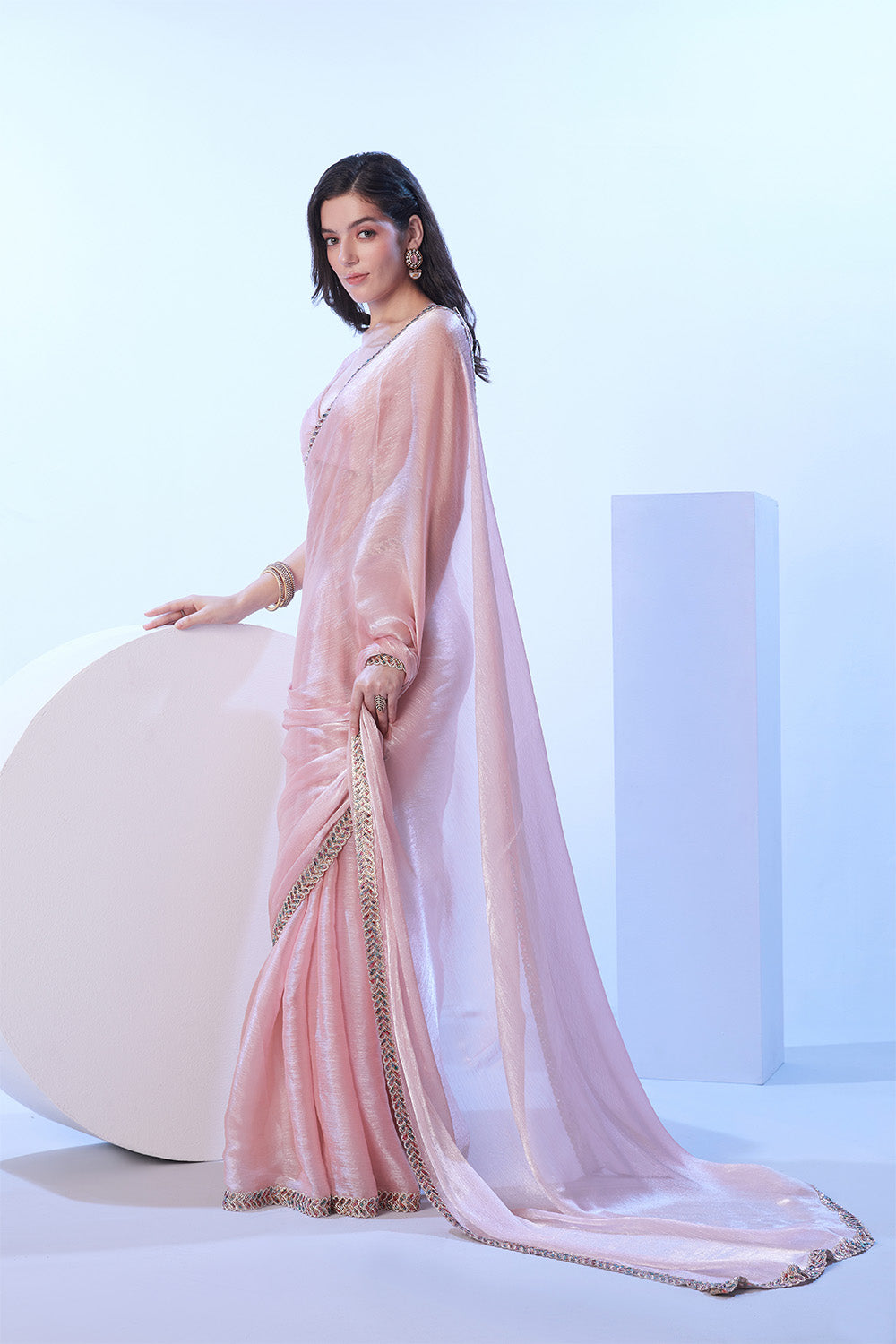 Peach Burberry Saree With Lace And Blouse