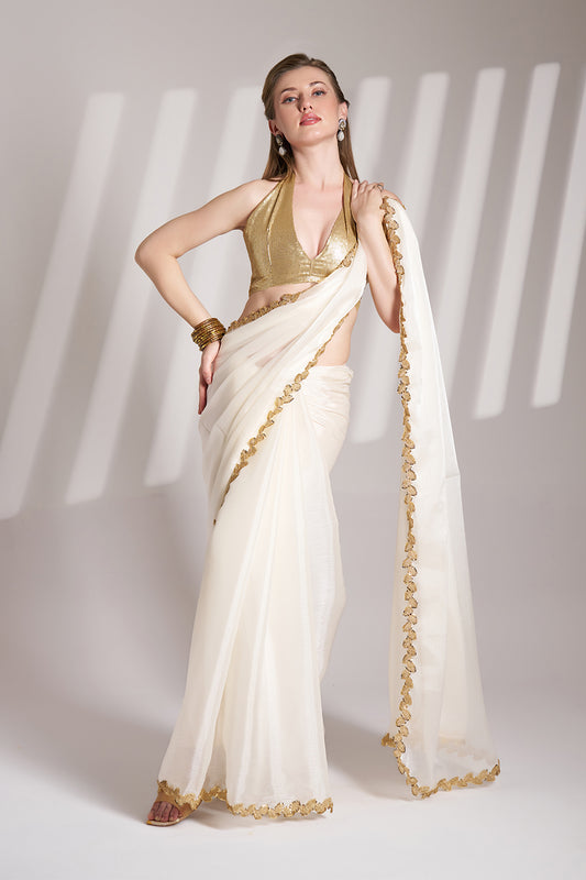 Off White Crepe Saree With Lace And Blouse