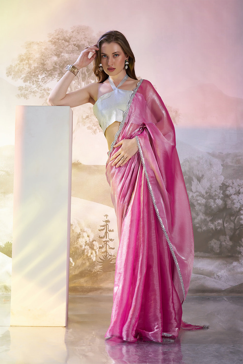 Pink Organza Saree With Lace And Blouse