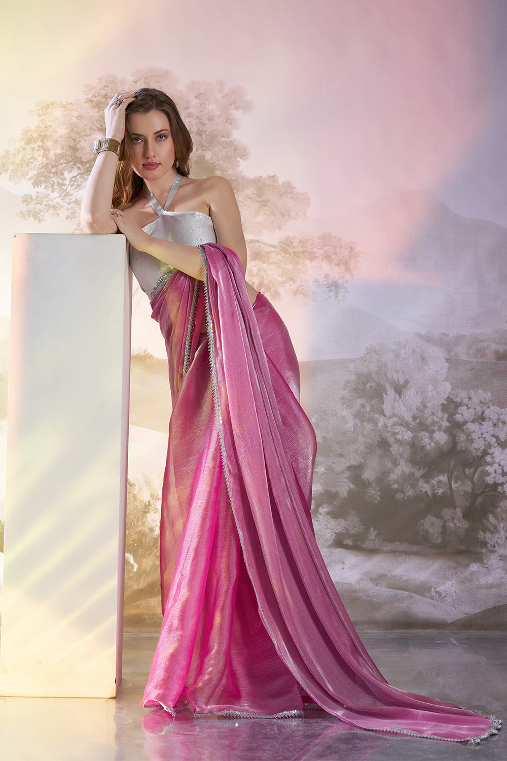 Pink Organza Saree With Lace And Blouse