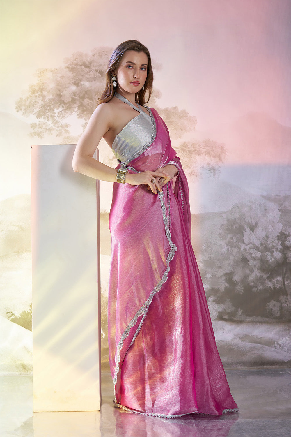 Pink Organza Saree With Lace And Blouse