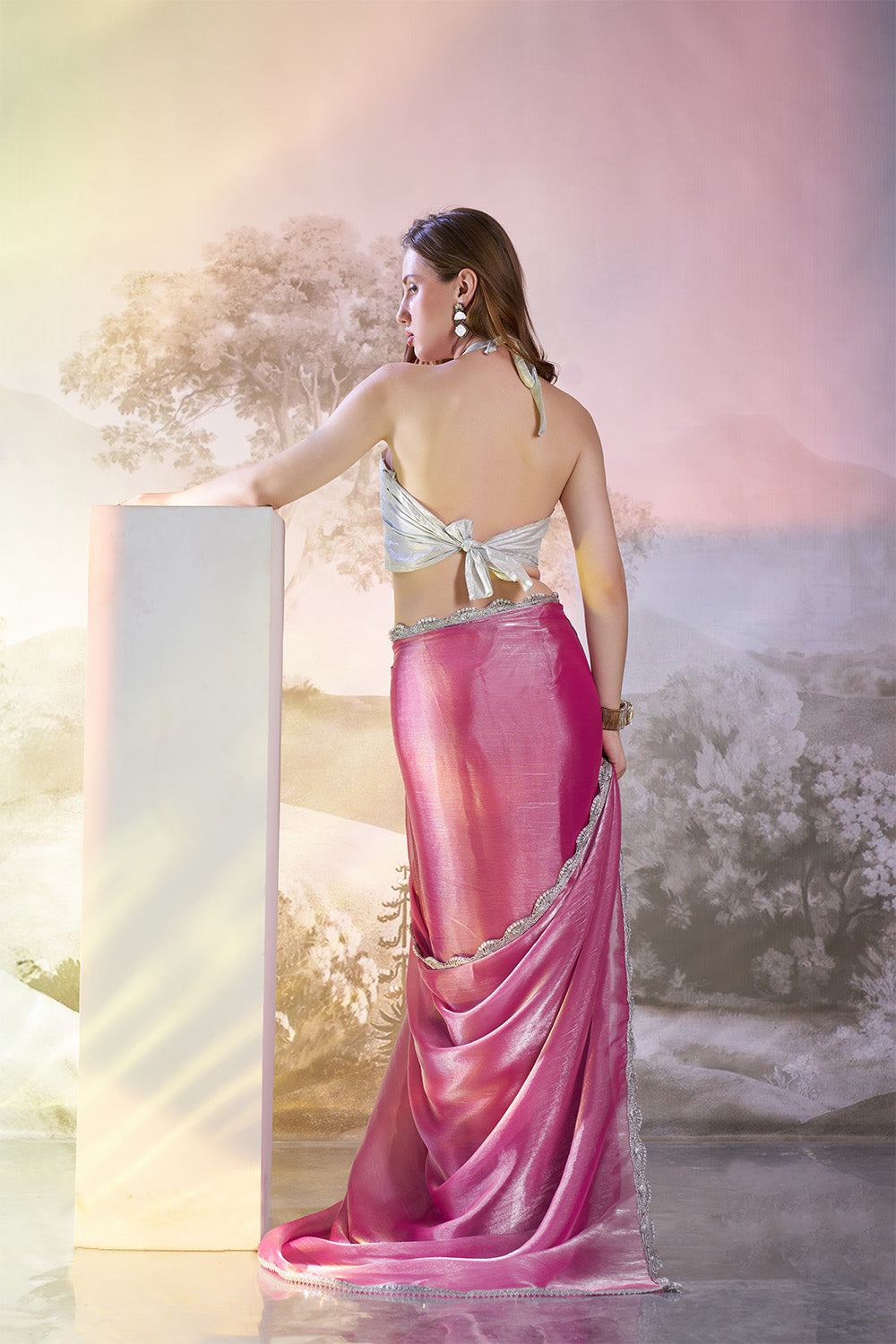 Pink Organza Saree With Lace And Blouse