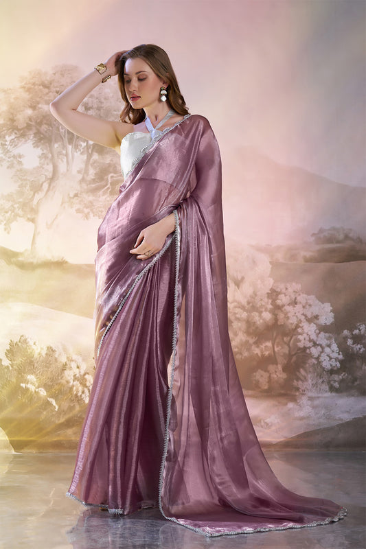 Dark Lavender Organza Saree With Lace And Blouse