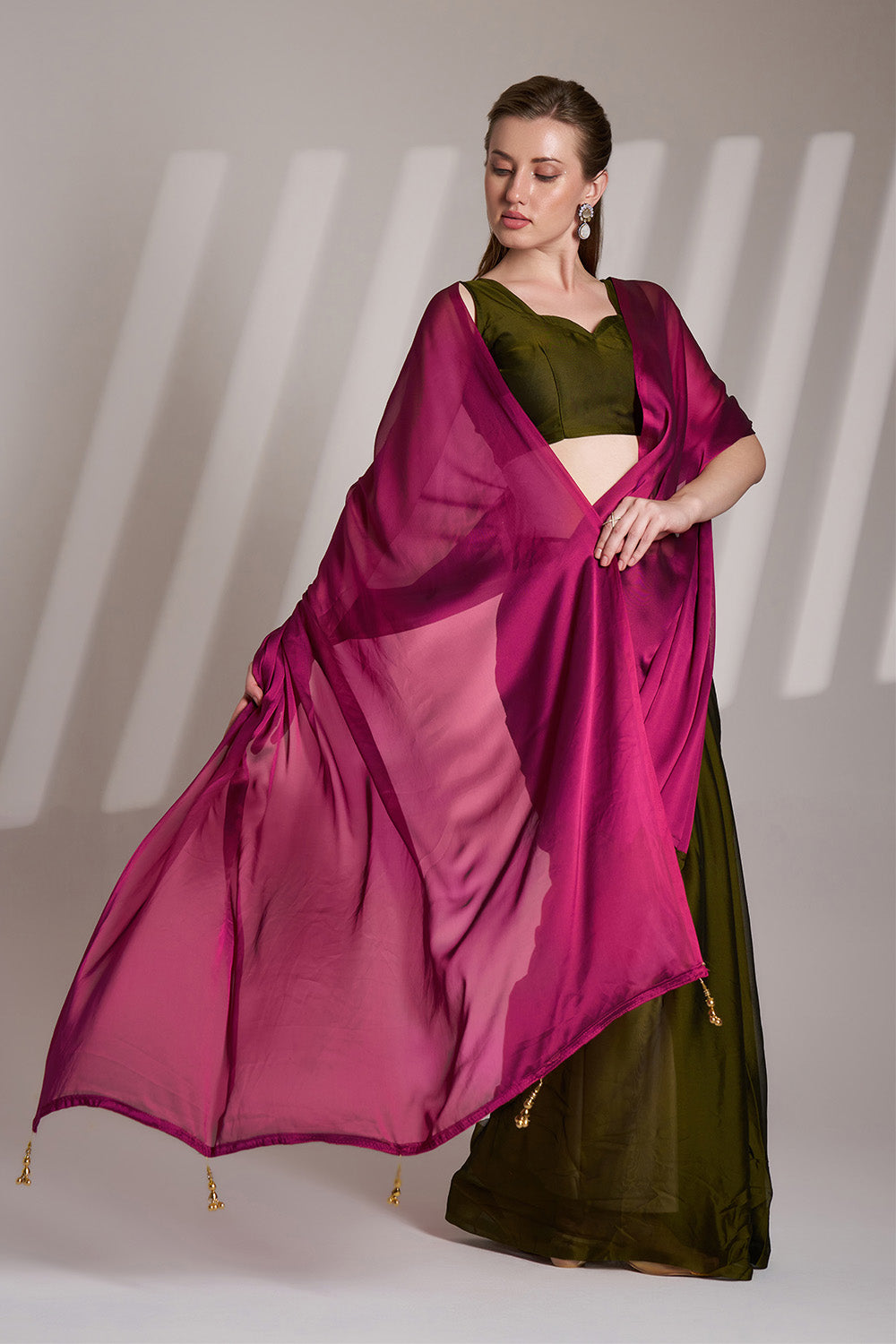 Pink And Green Satin Saree With Tassels And Blouse