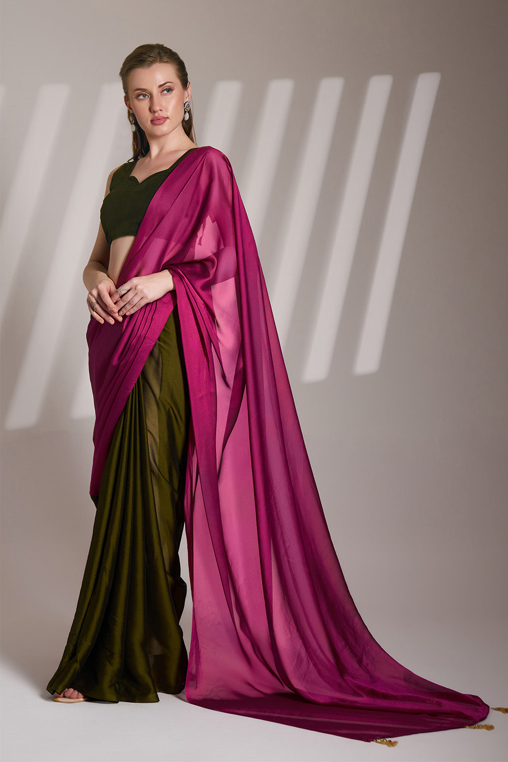 Pink And Green Satin Saree With Tassels And Blouse