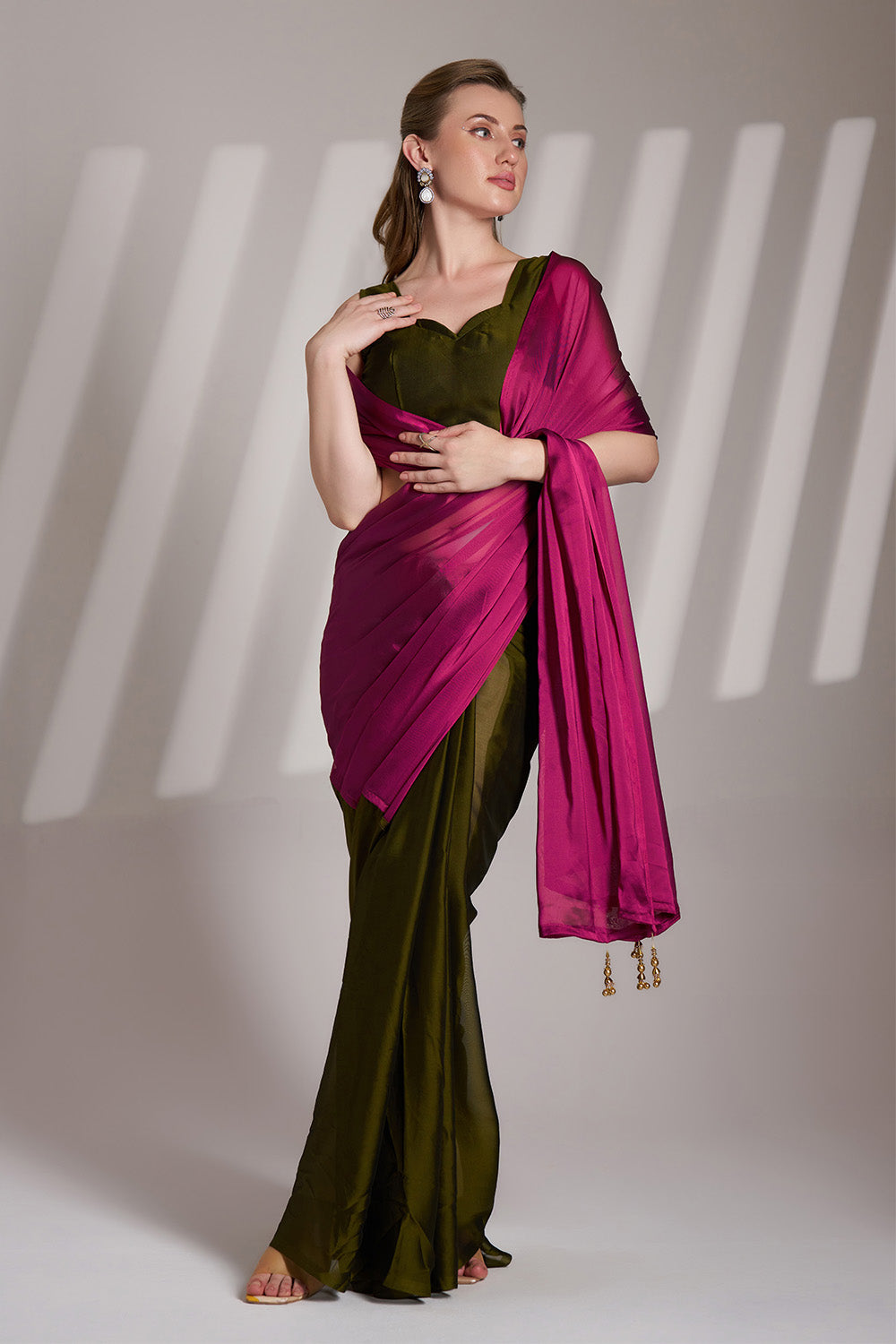 Pink And Green Satin Saree With Tassels And Blouse
