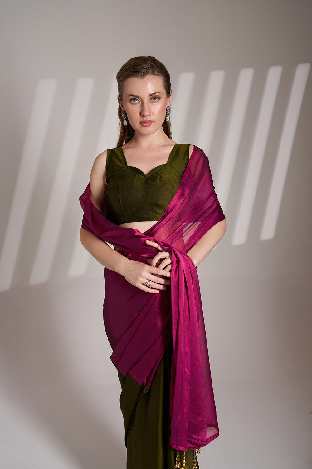 Pink And Green Satin Saree With Tassels And Blouse