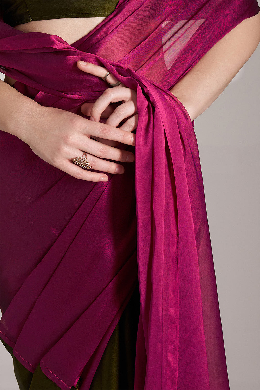 Pink And Green Satin Saree With Tassels And Blouse