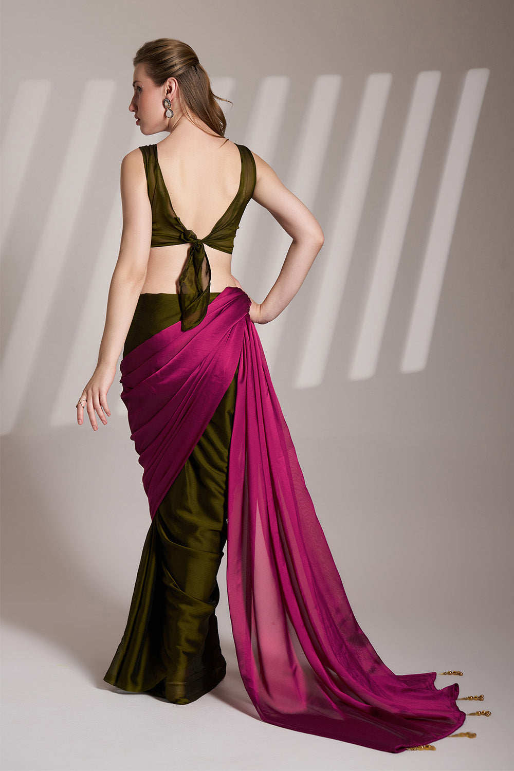 Pink And Green Satin Saree With Tassels And Blouse