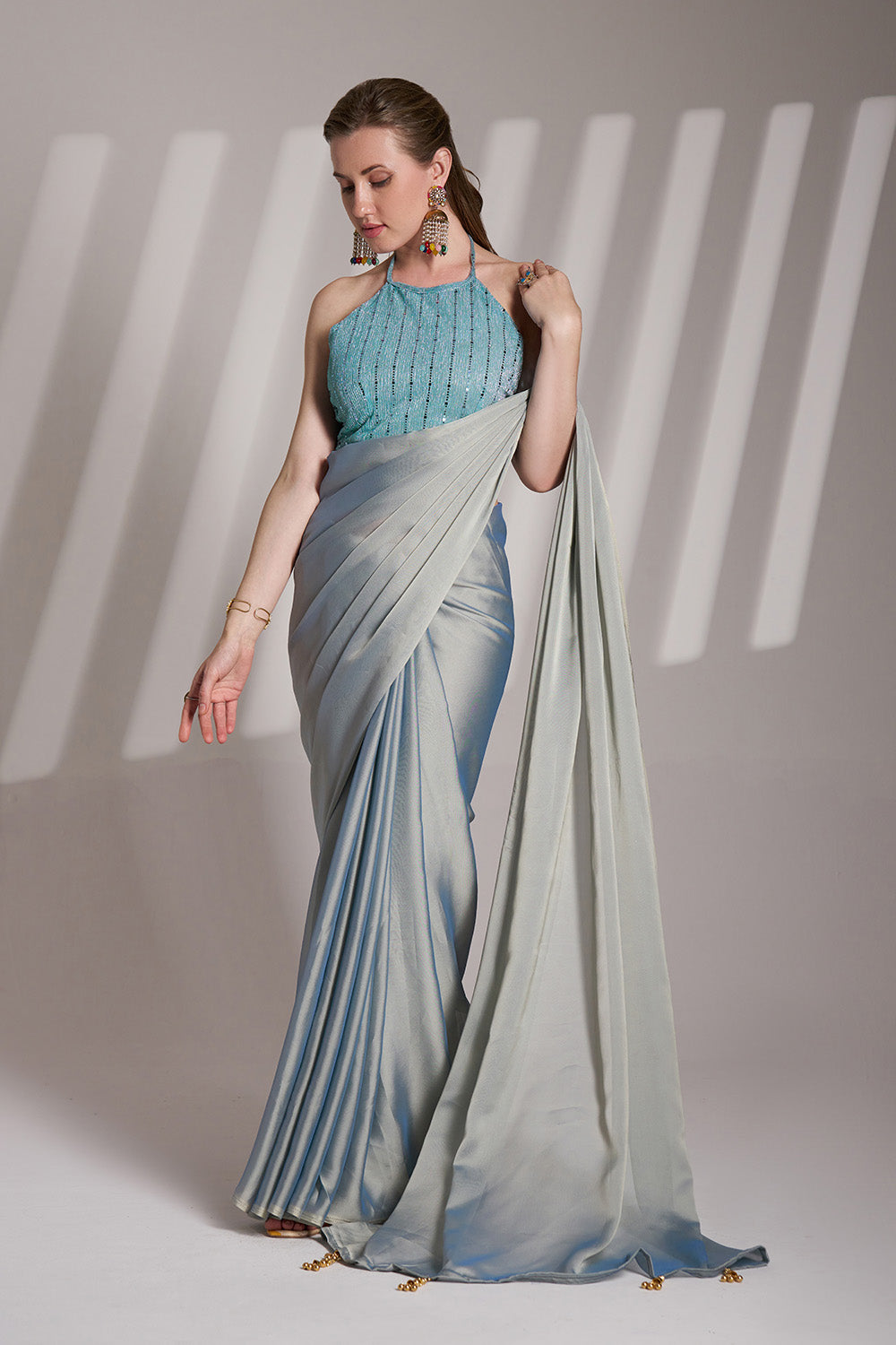 Grey Satin Saree With Tassels And Blouse