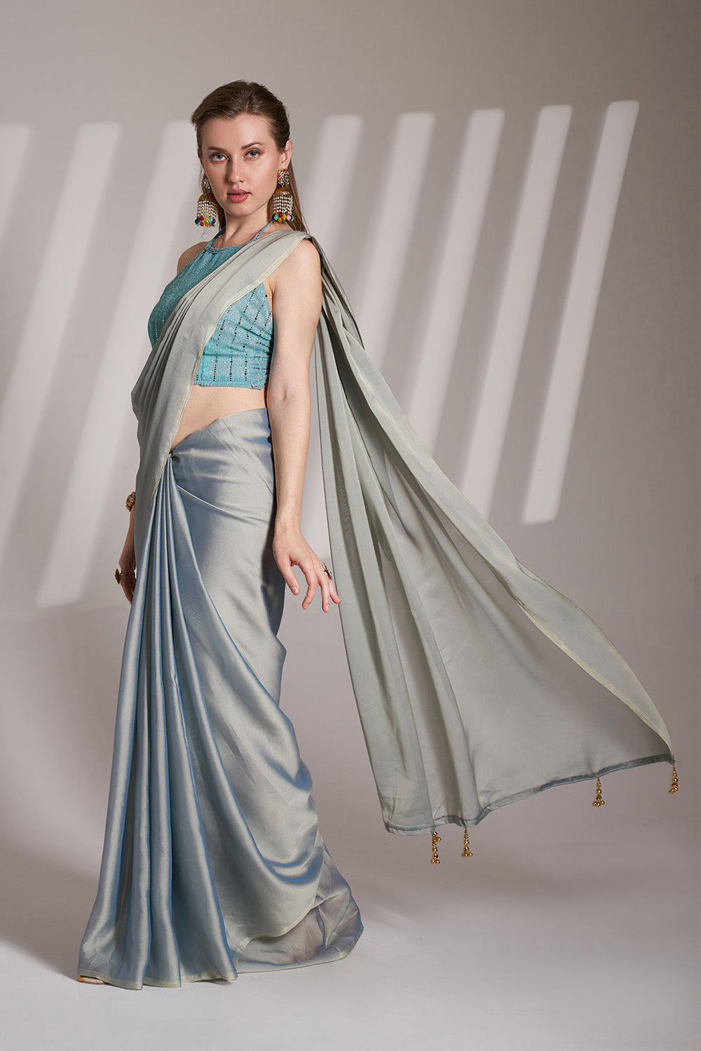 Grey Satin Saree With Tassels And Blouse