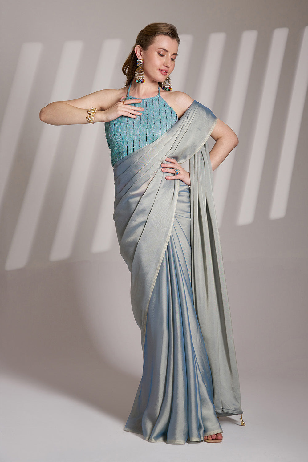 Grey Satin Saree With Tassels And Blouse