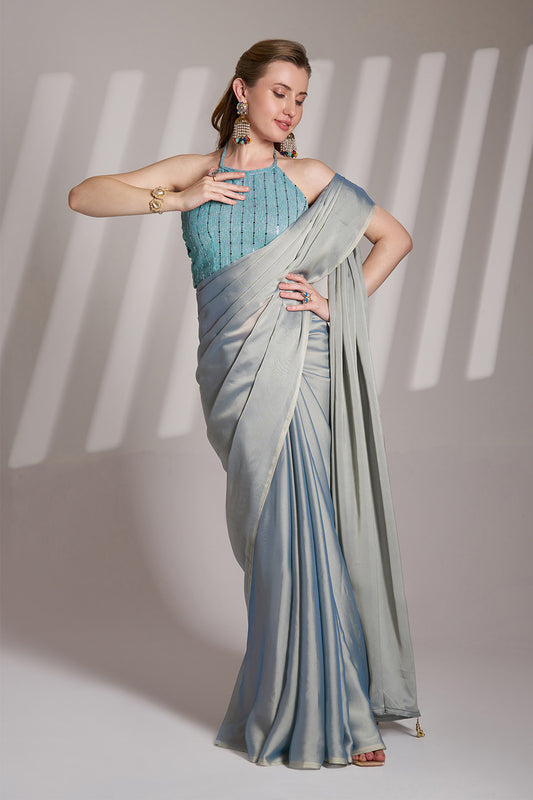 Grey Satin Saree With Tassels And Blouse
