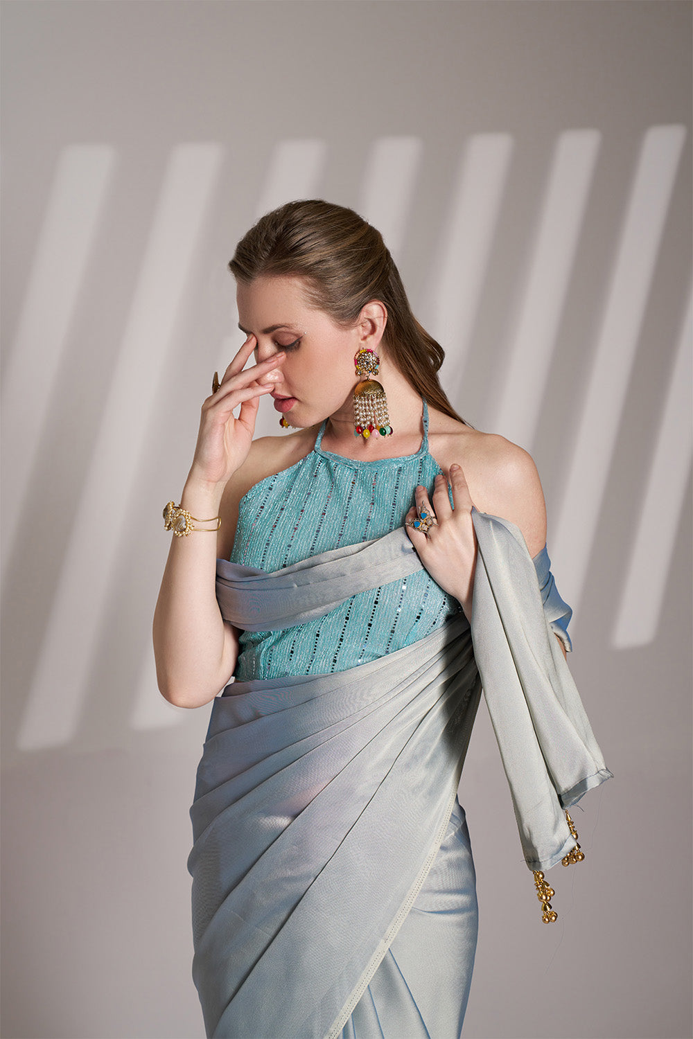 Grey Satin Saree With Tassels And Blouse