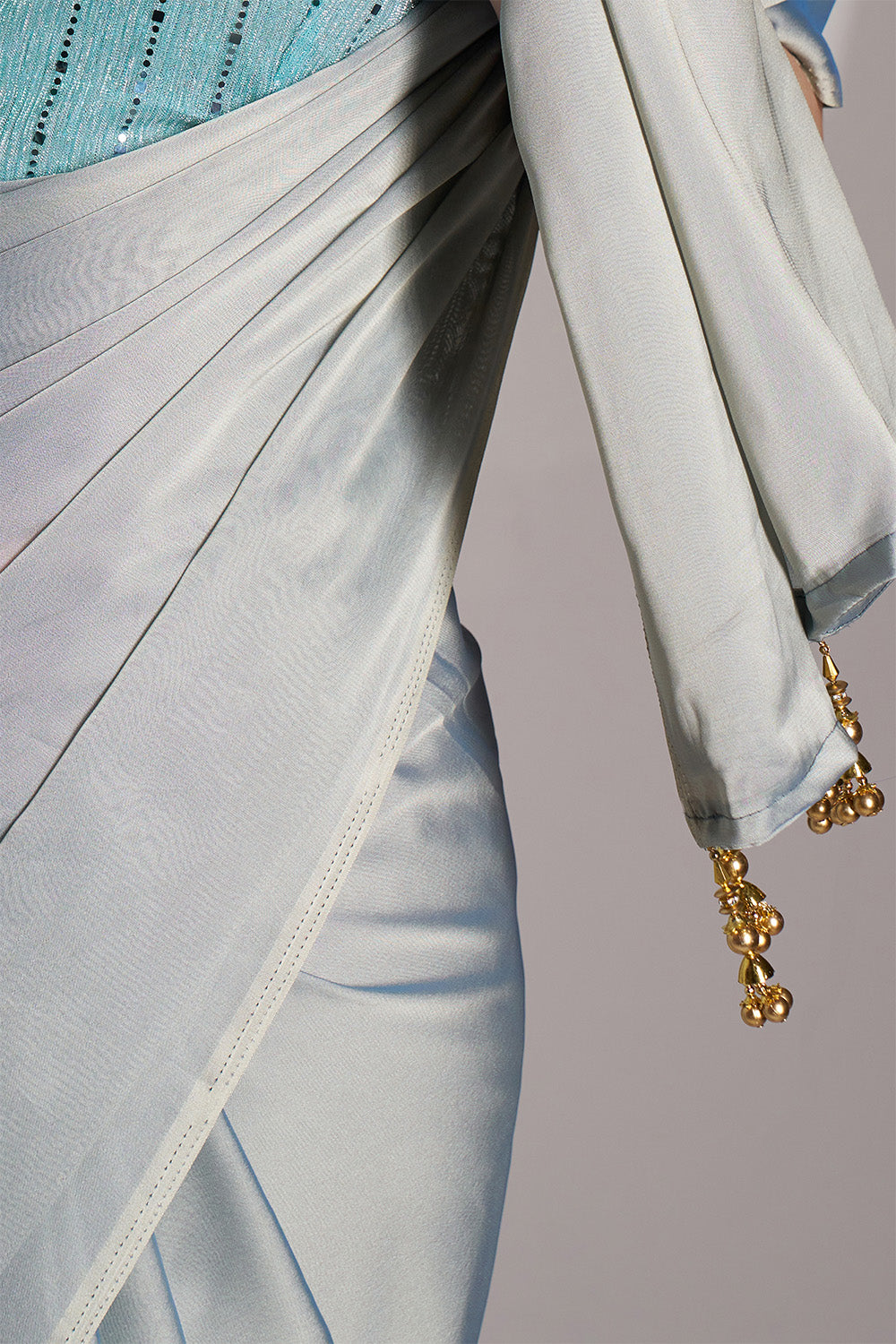 Grey Satin Saree With Tassels And Blouse