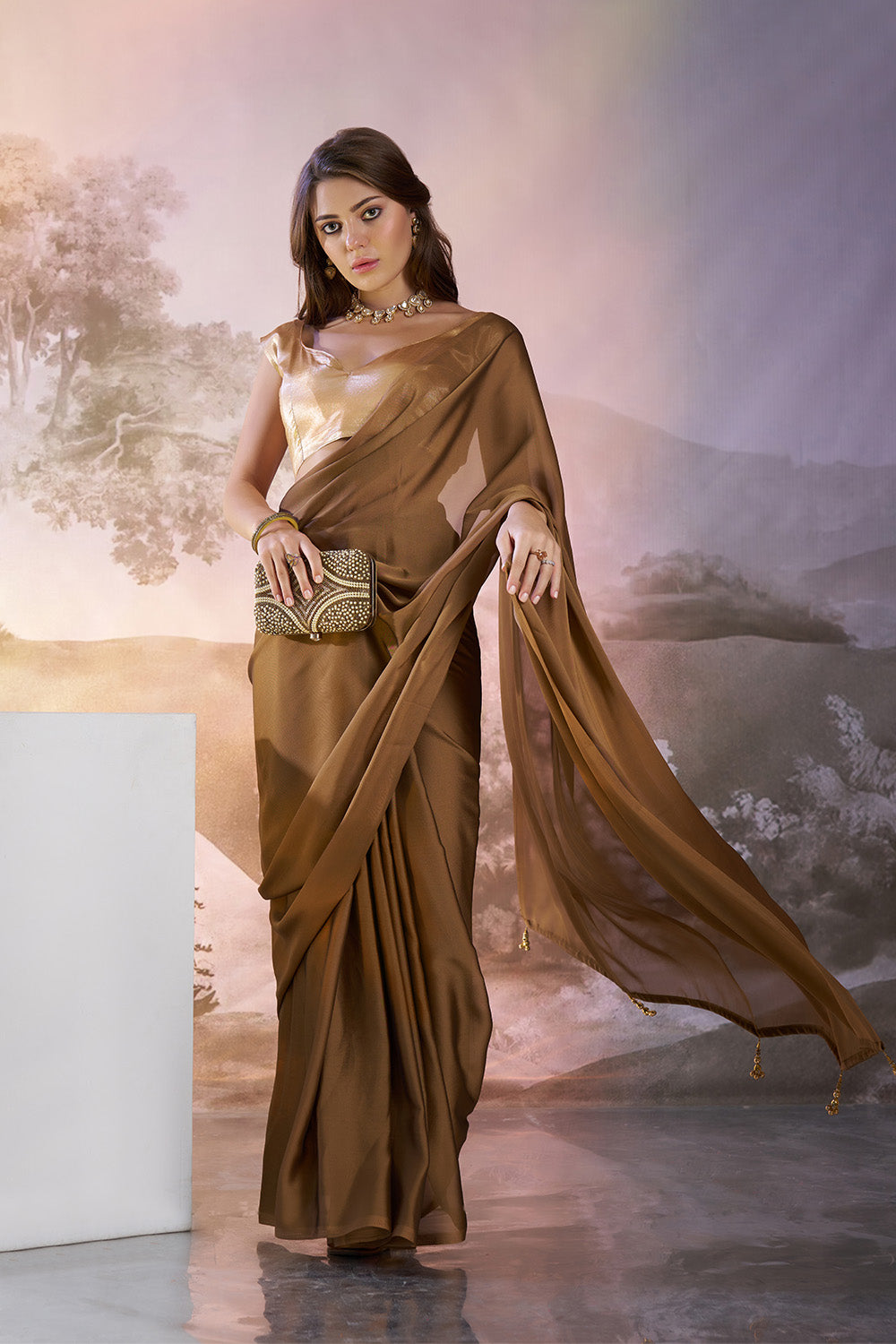 Brown Satin Saree With Tassels And Blouse