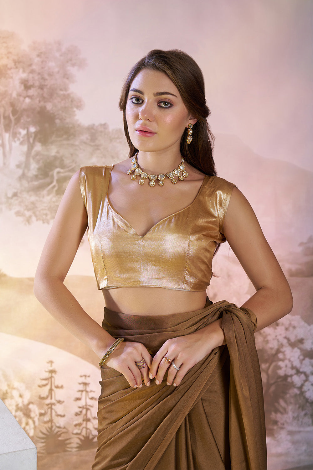Brown Satin Saree With Tassels And Blouse