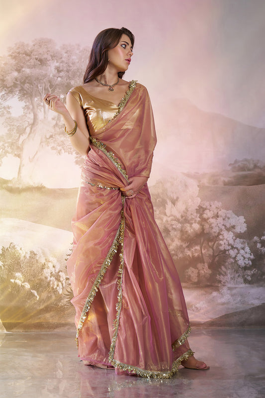Light Peach Net Saree With Lace And Blouse