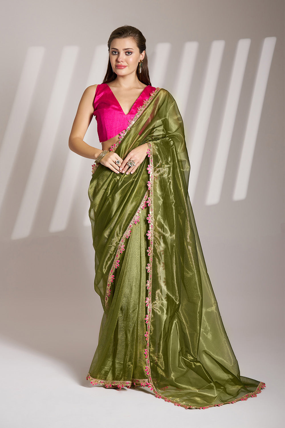Green Net Saree With Lace And Blouse