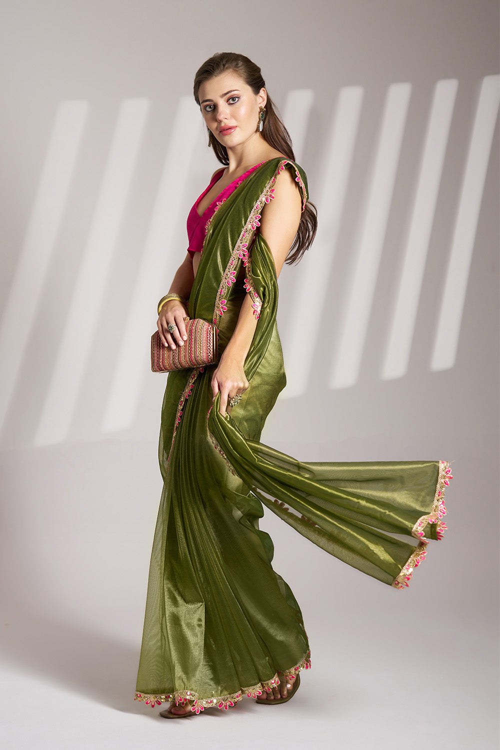 Green Net Saree With Lace And Blouse