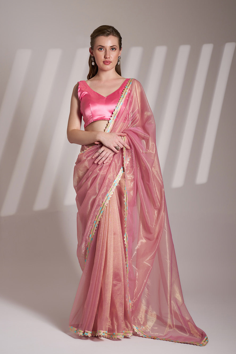 Light Pink Net Saree With Lace And Blouse