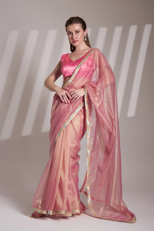 Hot Pink Heavy Net Saree With Lace And Blouse