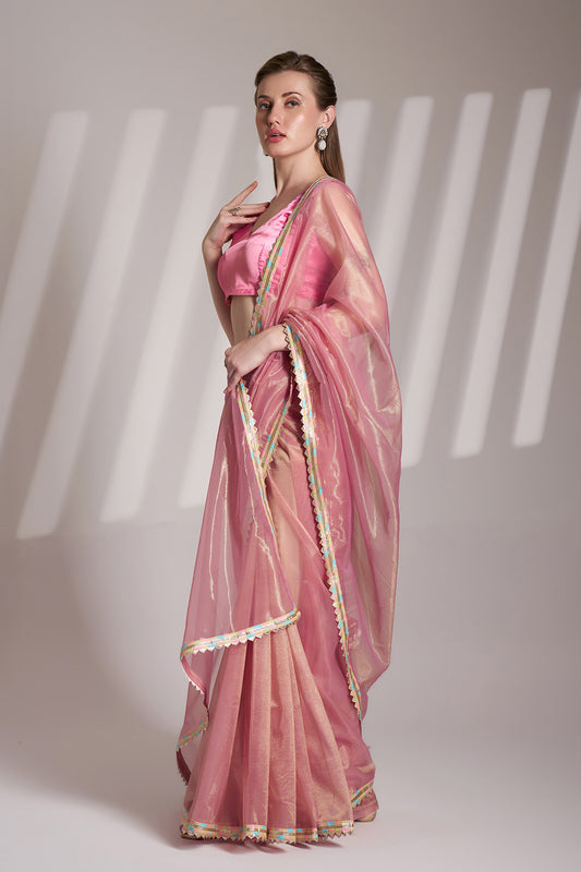 Light Pink Net Saree With Lace And Blouse