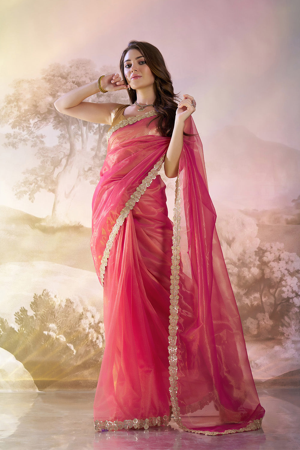 Cerise Red Net Saree With Lace And Blouse