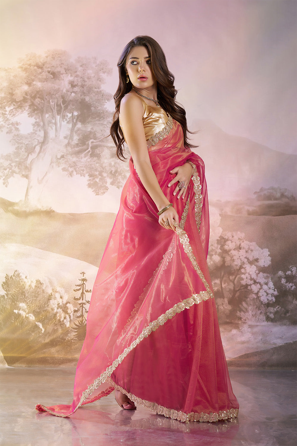 Cerise Red Net Saree With Lace And Blouse