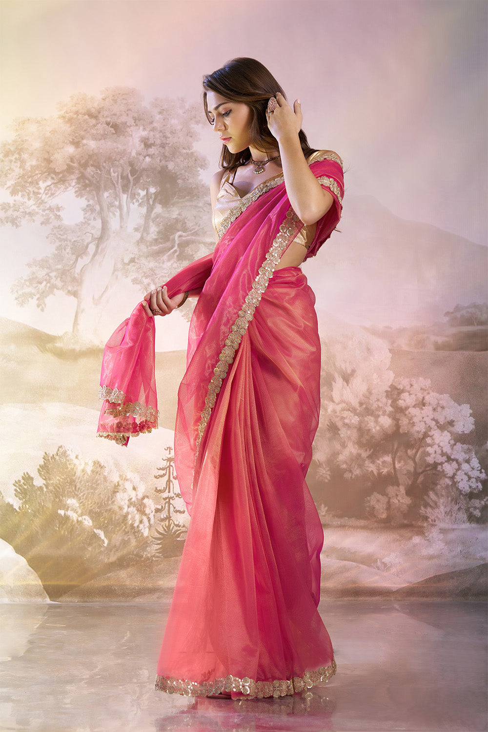 Cerise Red Net Saree With Lace And Blouse