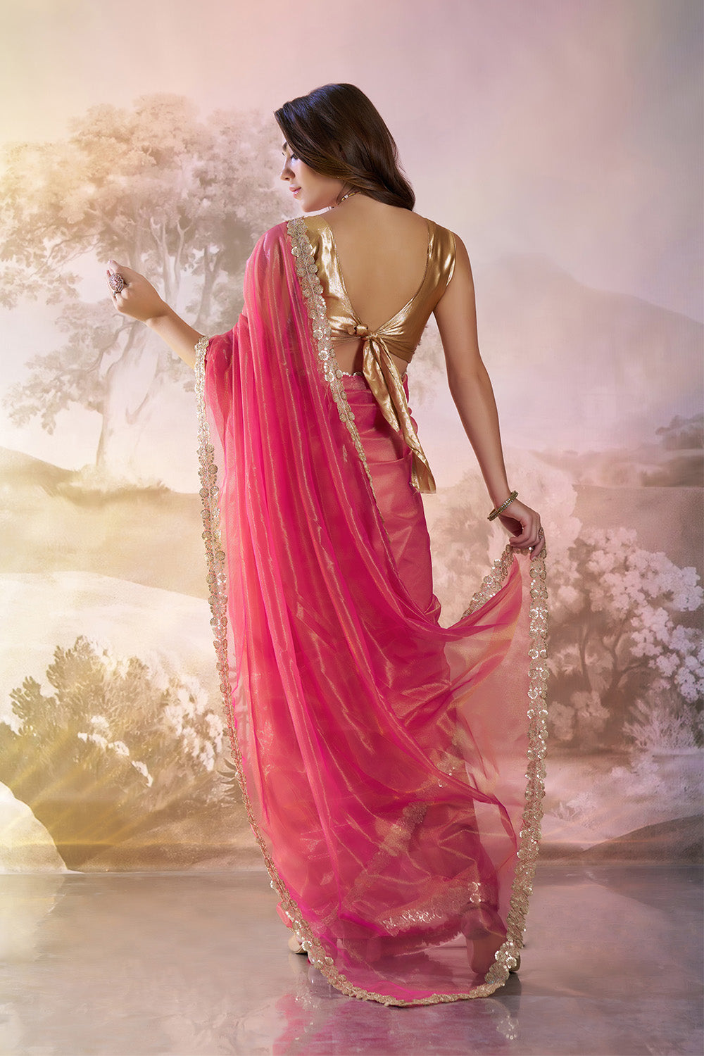 Cerise Red Net Saree With Lace And Blouse