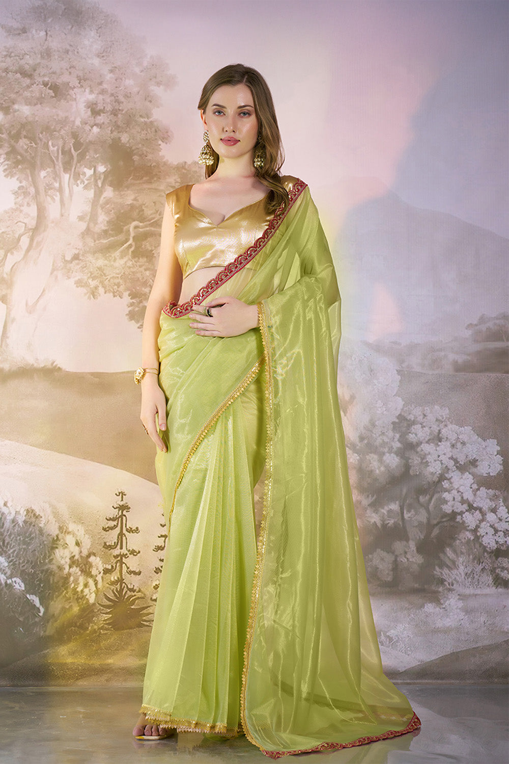 Lime Yellow Net Saree With Lace And Blouse