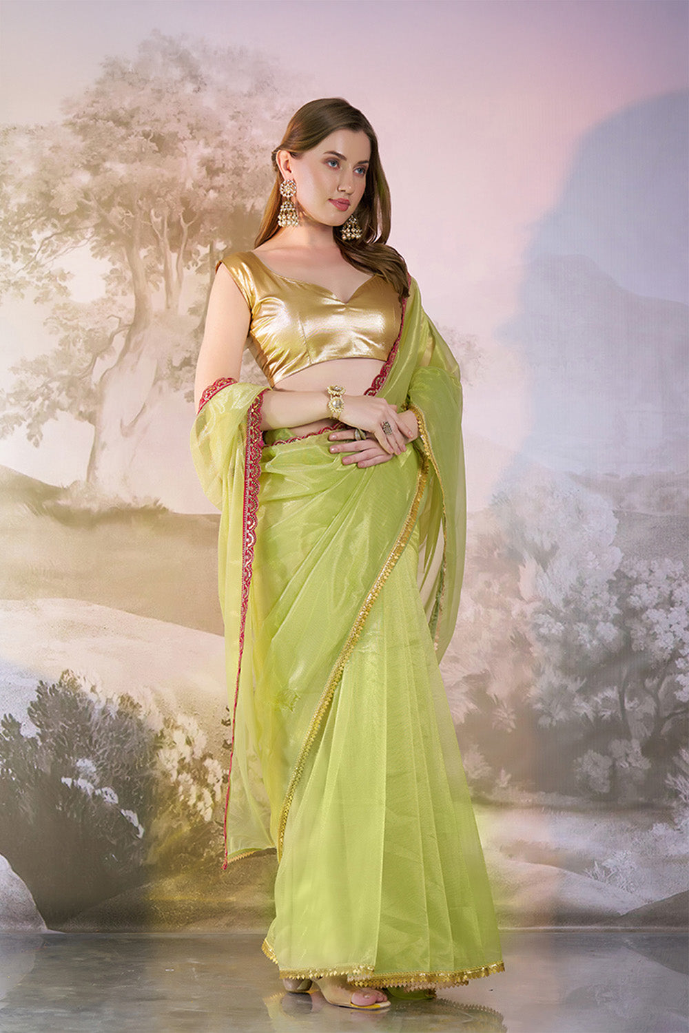 Lime Yellow Net Saree With Lace And Blouse