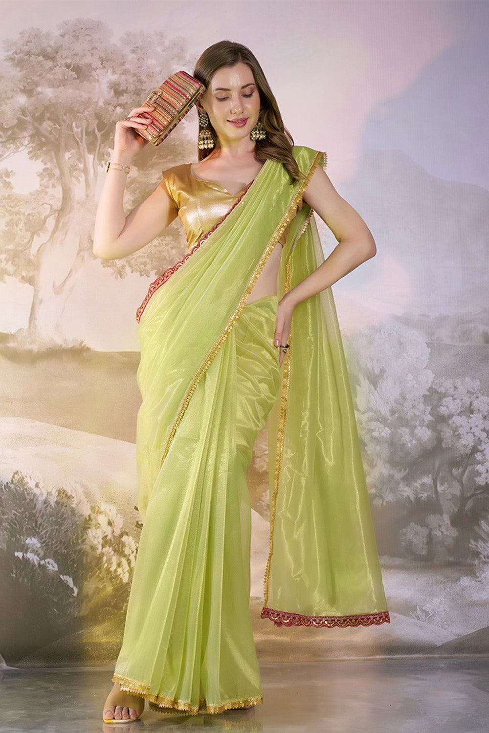 Lime Yellow Net Saree With Lace And Blouse