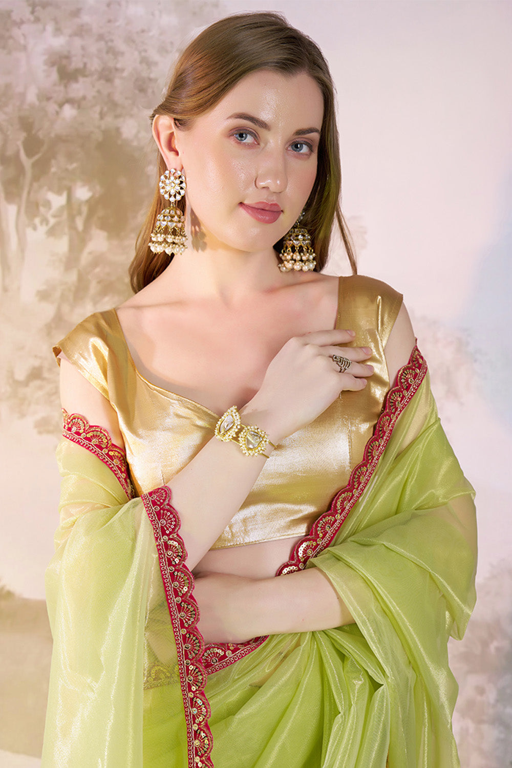 Lime Yellow Net Saree With Lace And Blouse