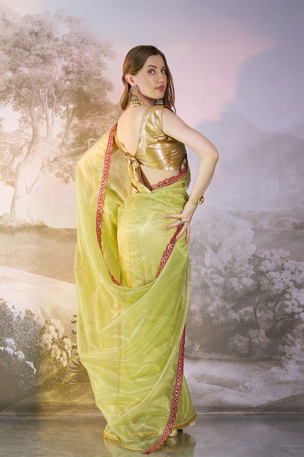 Lime Yellow Net Saree With Lace And Blouse