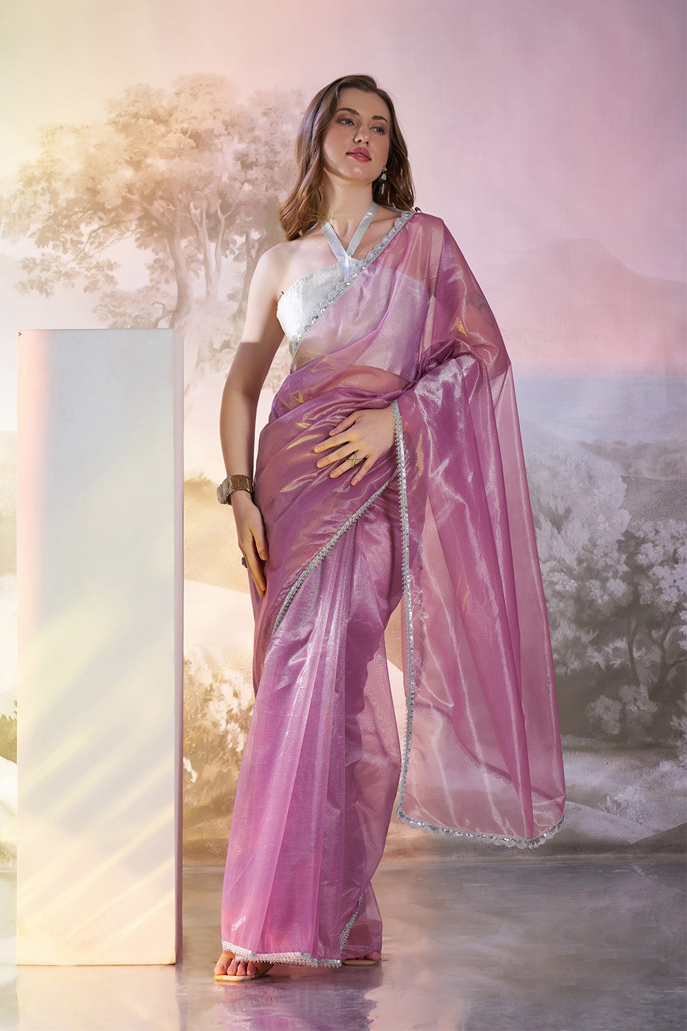 Lavender Net Saree With Lace And Blouse