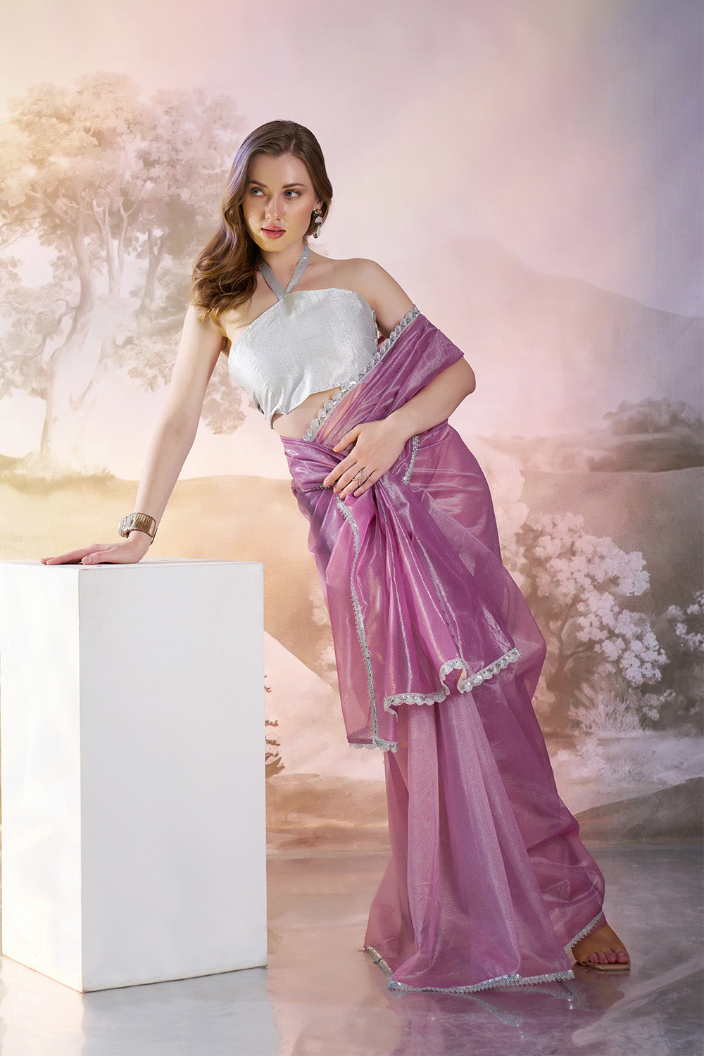 Lavender Net Saree With Lace And Blouse