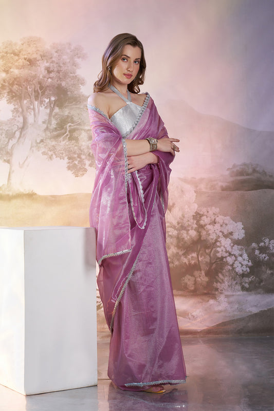 Lavender Net Saree With Lace And Blouse