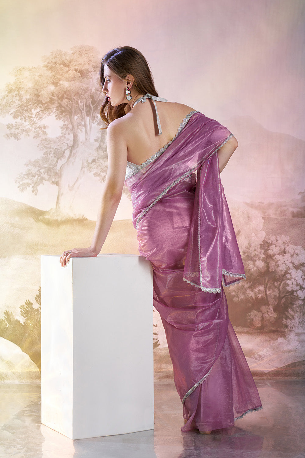 Lavender Net Saree With Lace And Blouse